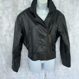 Vintage 90’s Genuine Leather Women's Black Moto Biker Jacket Small Zippers